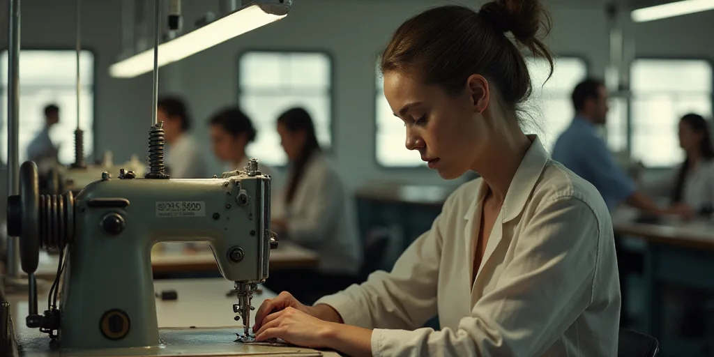 a woman is working on a sewing machine in a factory with other workers in the background and a man i