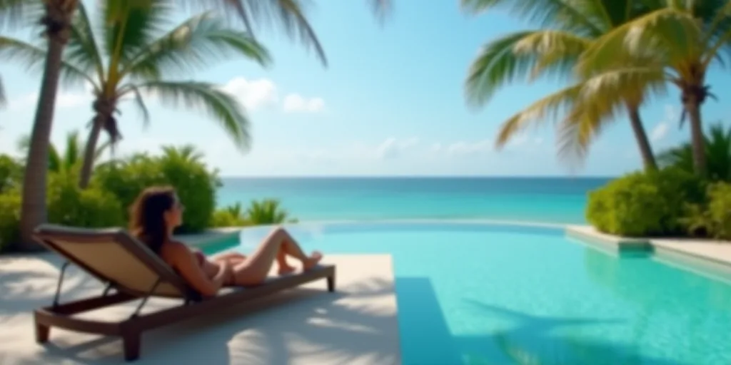 a woman laying in a chair next to a pool with a view of the ocean and palm trees in the background,