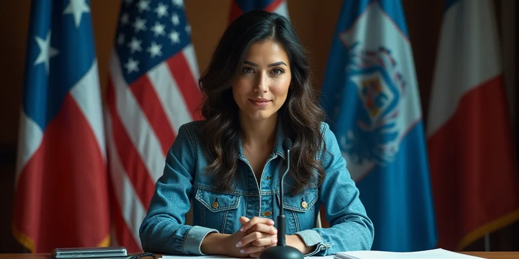 a woman sitting at a table with a microphone in front of her and a flag behind her in the background