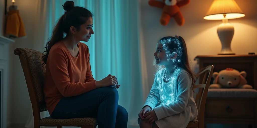 a woman sitting on a chair talking to a little girl in a room with stuffed animals on the walls, Ara