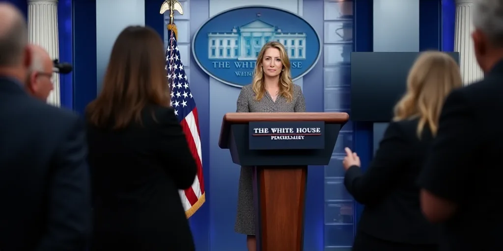 a woman standing at a podium in front of a crowd of people in front of a white house press briefing,