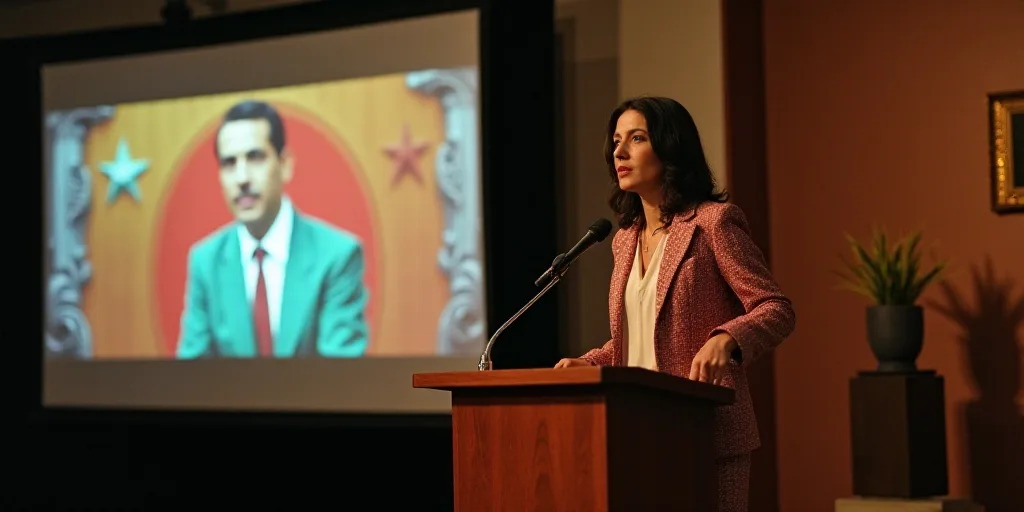a woman standing at a podium in front of a screen with a picture of a man on it and a woman standing