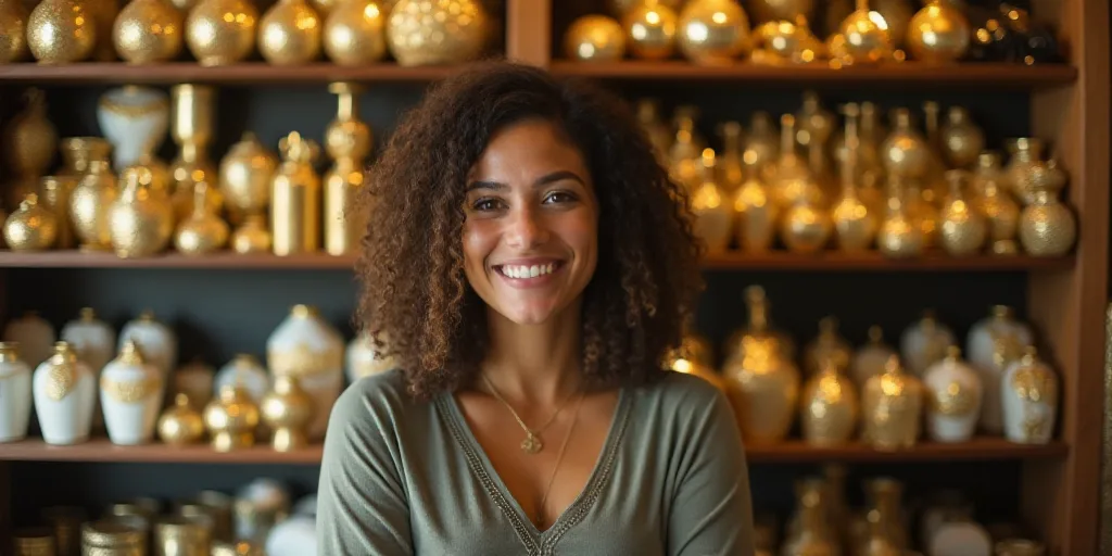 a woman standing in front of a rack of gold and silver items in a store or store with a smile on her