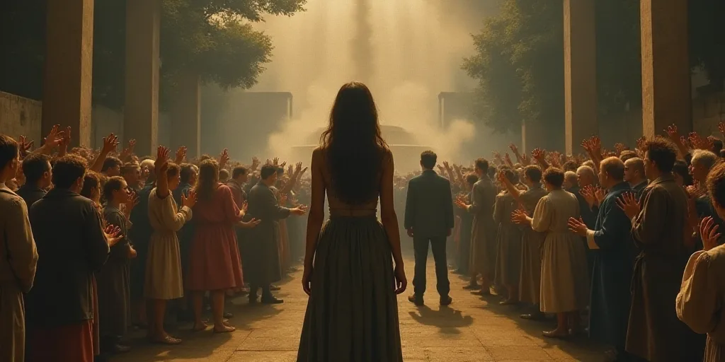 a woman standing in front of a crowd of people holding up their hands in the air and a man standing