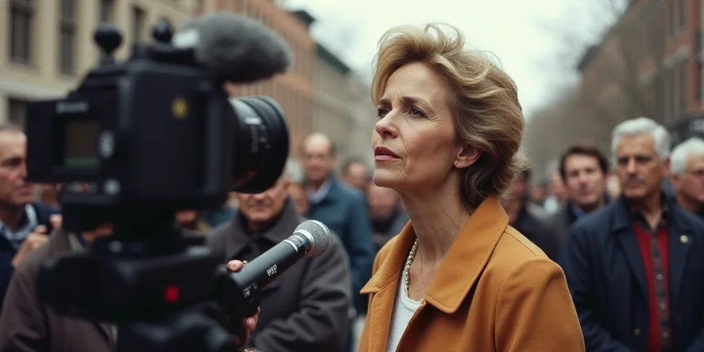 a woman standing in the street with a microphone and a camera behind her and people standing around
