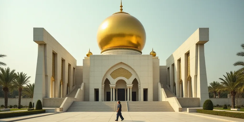 a woman walking past a building with a giant gold and white dome on top of it's roof, Basuki Abdulla