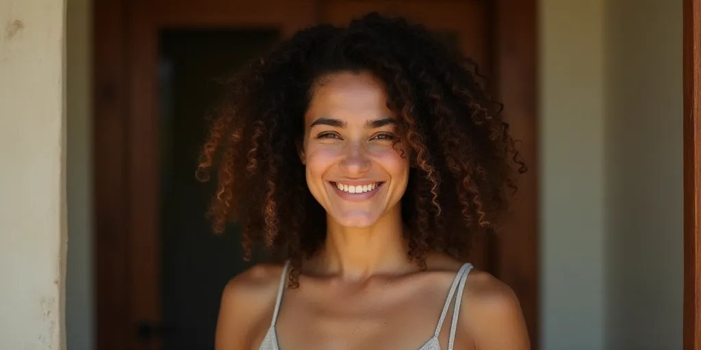 a woman with curly hair smiling for the camera with a wooden door in the background and a window beh