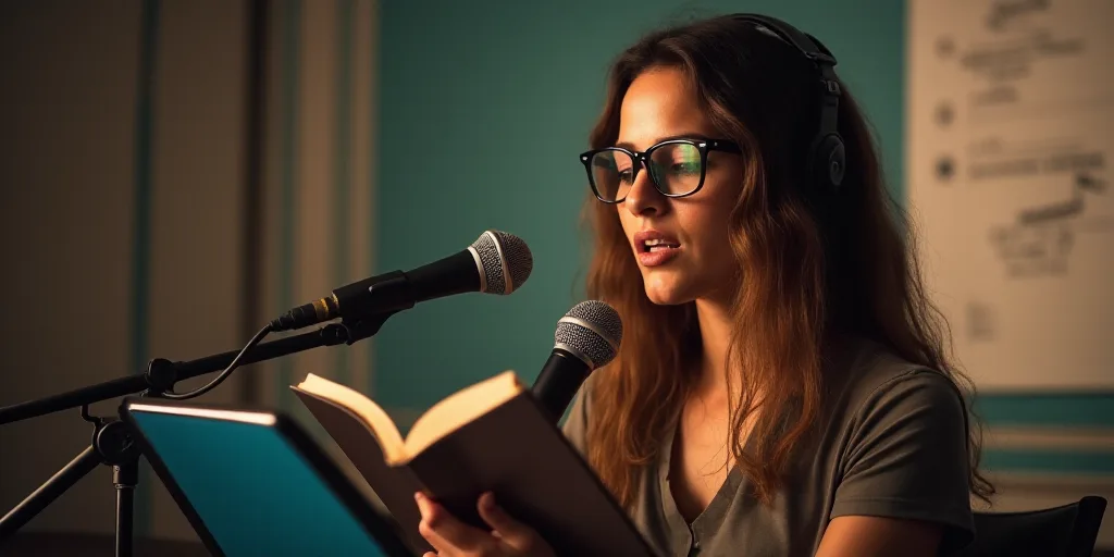 a woman with glasses is reading a book while holding a microphone and a tablet computer in front of