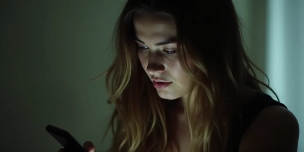 a woman with long hair is looking down at her cell phone while she is on her cell phone and is looki