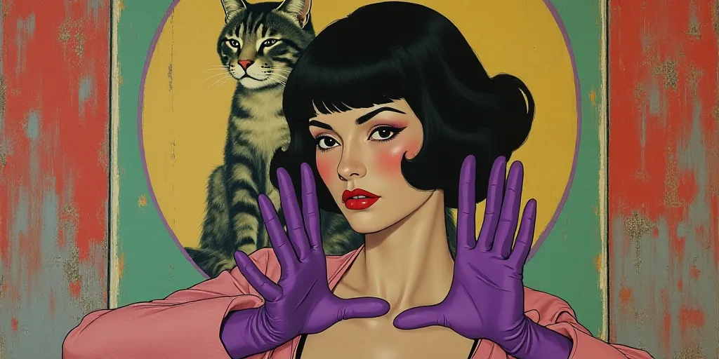 a woman with purple gloves on her hands and a picture of a cat on a wall behind her with a cat on th
