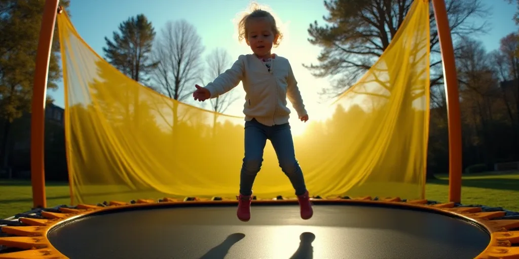 a young girl jumping on a trampoline in a park with trees in the background and a yellow net, Elizab