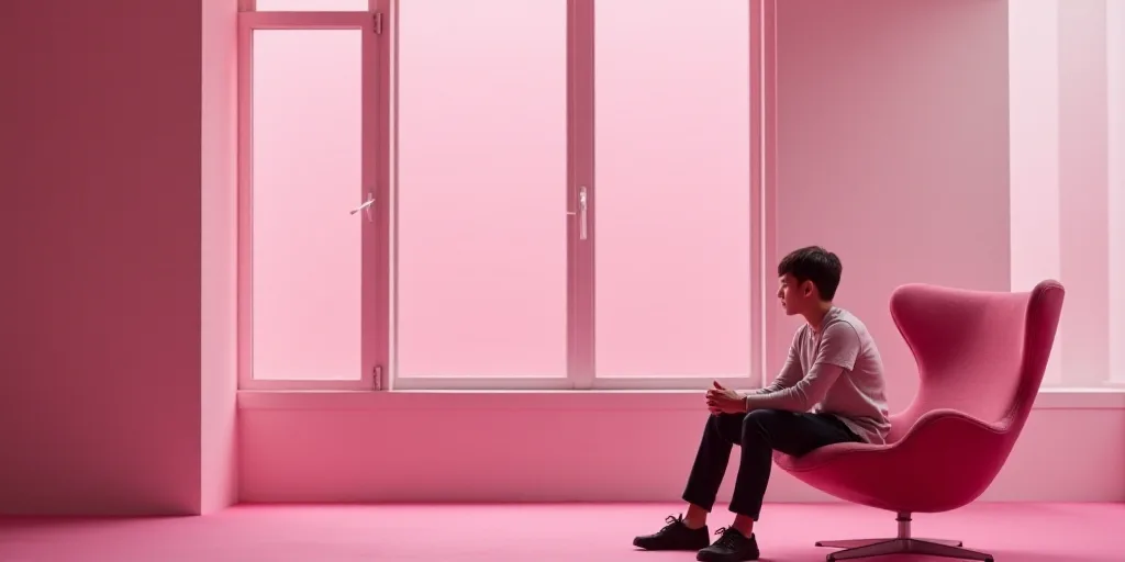 a young man sitting on a pink chair looking out a window at the outside of the room with a pink chai