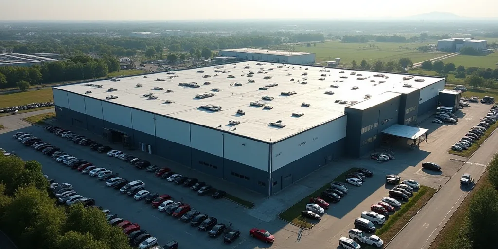 an aerial view of a large industrial building with a parking lot and a parking lot in front of it, E