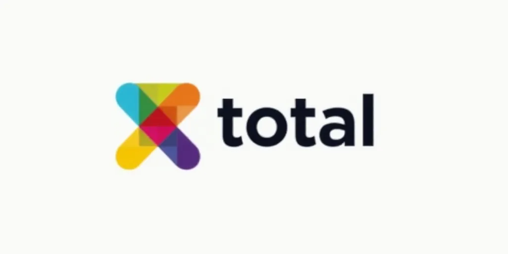 the total logo with a colorful triangle on it's side and the words total below it, and below it, a m