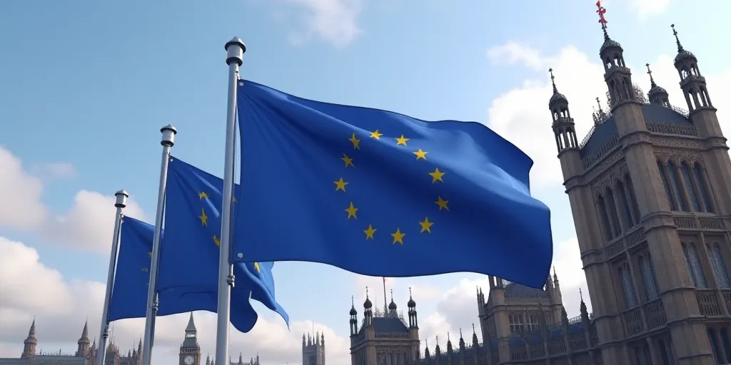 three flags of the european union flying in front of a building in the city of london, england, uk,