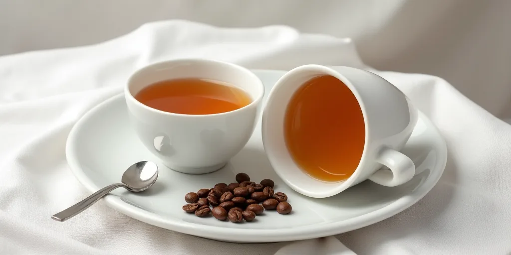 two cups of tea and some coffee beans on a table with a white cloth and a white plate with a spoon,