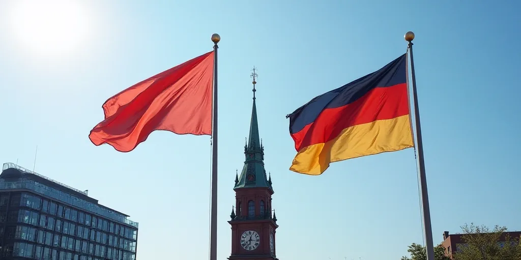 two flags are flying in the wind in front of a building with a glass facade and a clock tower, Eugee