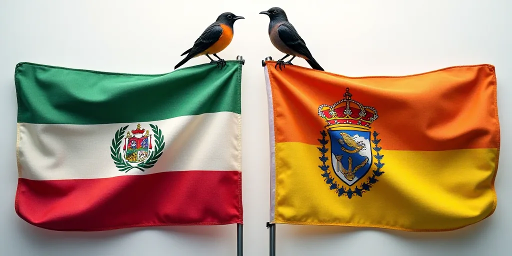 two flags of different countries are shown next to each other, one with a bird on it's head, Aquirax