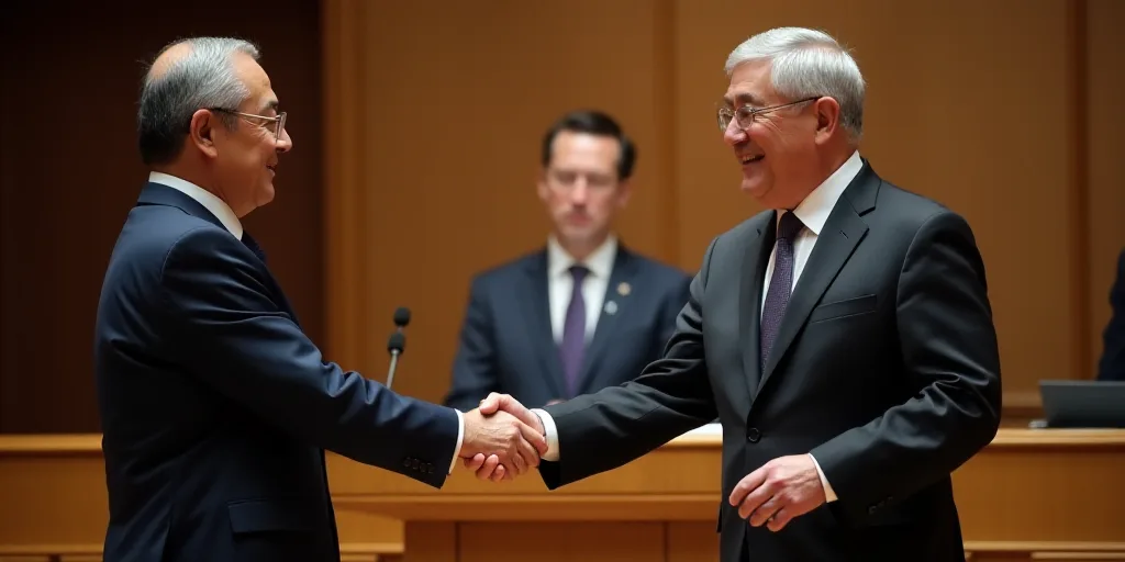 two men shaking hands at a podium with another man in a suit and tie behind them and another man in