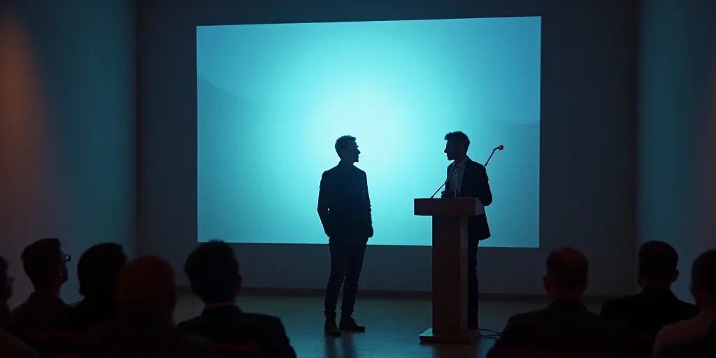 two men standing at a podium in front of a screen with a projector screen behind them and a projecto