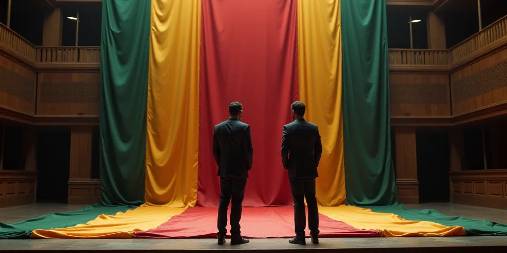 two men standing on a stage in front of a banner and a flag on the floor of a building, Agustín Fer