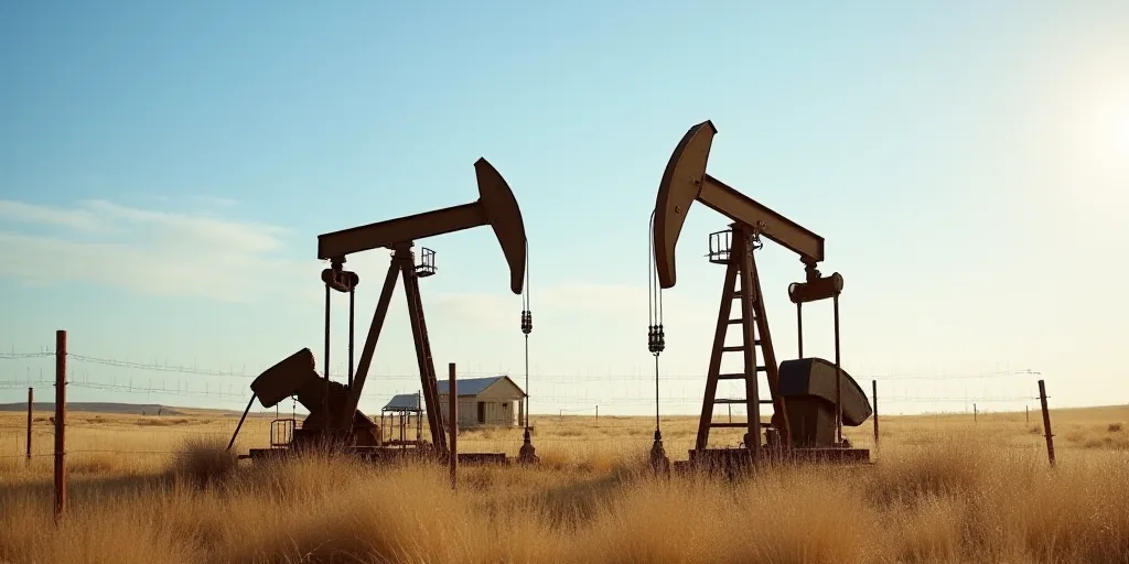 two oil pumps sitting in the middle of a field with a sky background and a fence around them that ha