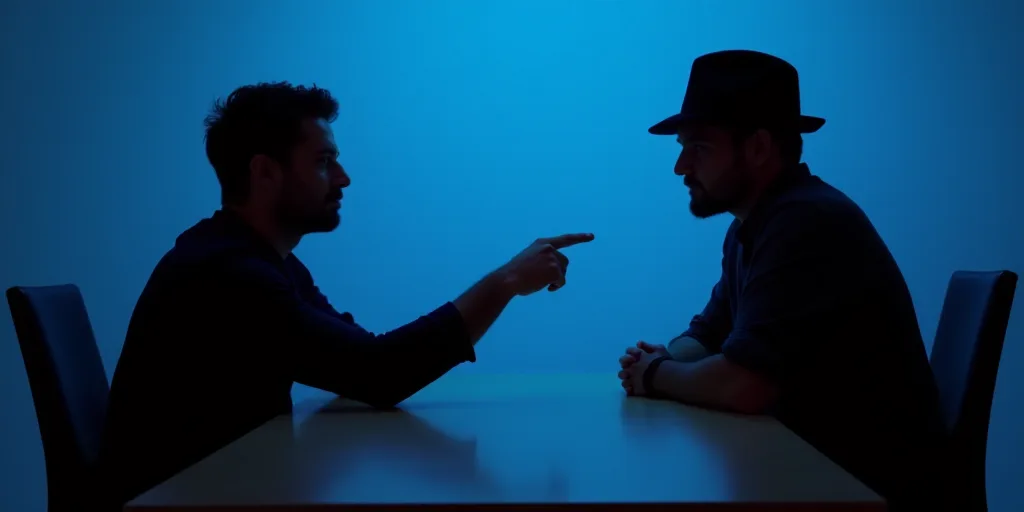 two people sitting at a table with a blue background and one person pointing at the other person wit