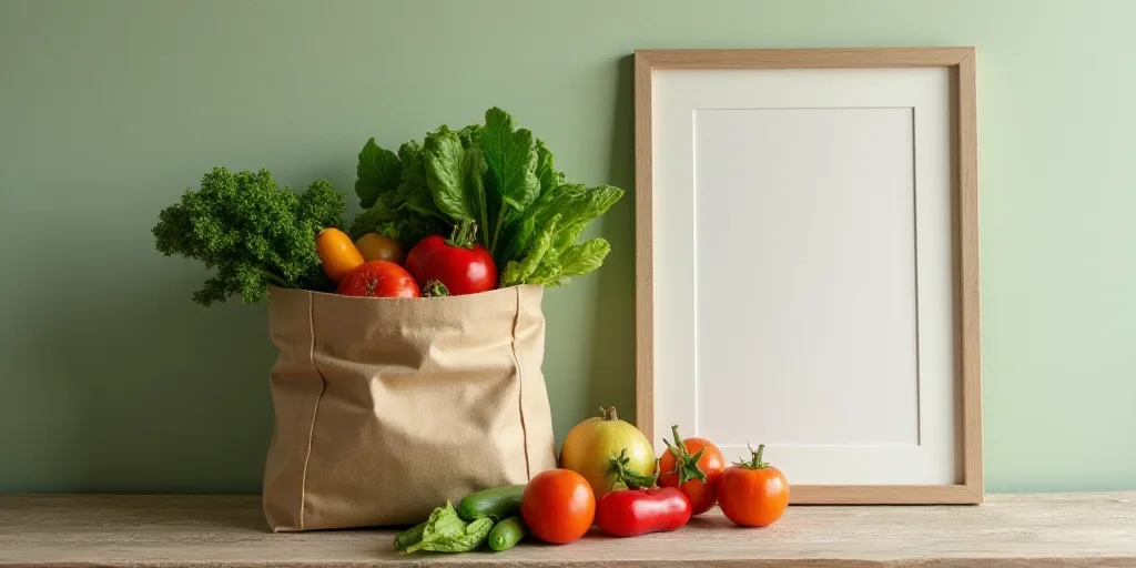 a bag full of vegetables sitting on a table next to a wall and a wall behind it is a picture of a ba