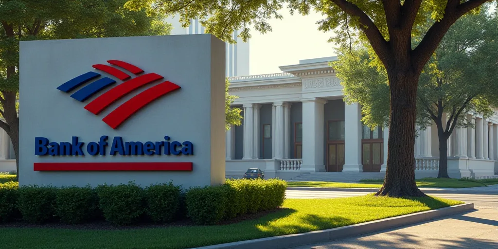 a bank of america sign is shown in front of a building with a tree in the foreground and a building