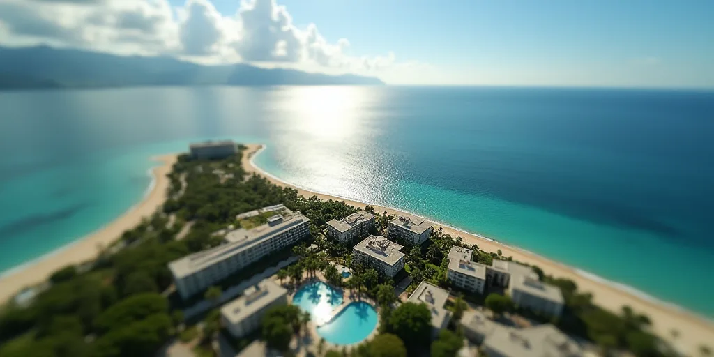 a beach resort with a hotel and a beach in the background from a bird's eye view of the ocean, Eddie