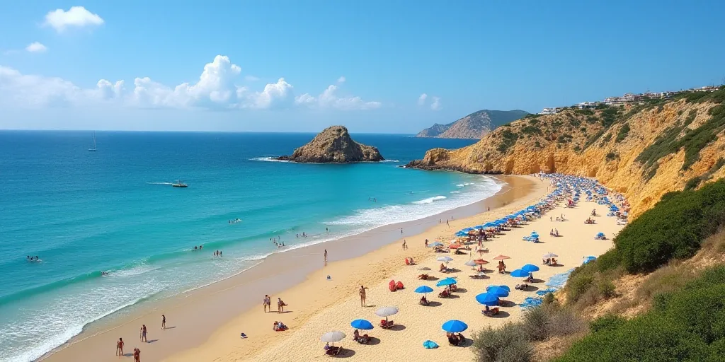 a beach with a lot of people on it and some water and sand and some umbrellas and people in the wate