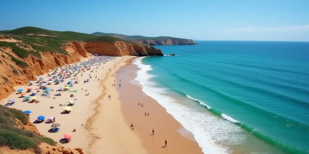 a beach with a lot of people on it and some water and sand and some umbrellas and people in the wate