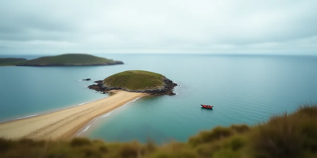 a beach with a small island in the middle of it and a boat in the water near by on a cloudy day, Bas