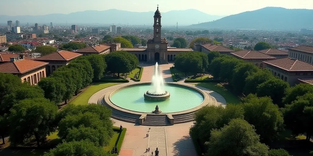 a bird's eye view of a fountain surrounded by trees and buildings with a clock tower in the backgrou