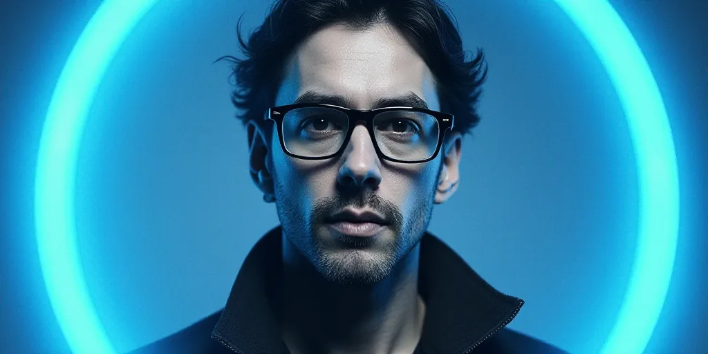 a black and white photo of a man with glasses and a blue circle around him is the caption for a book