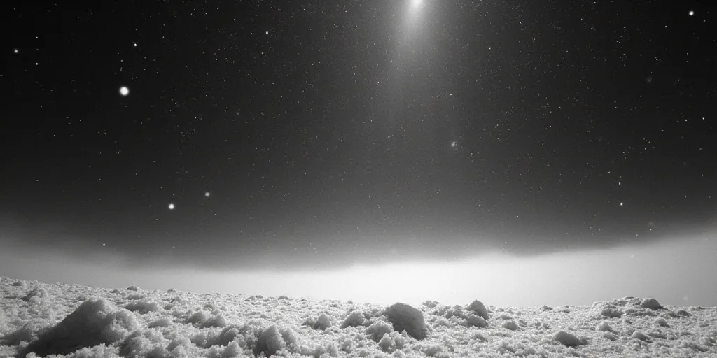 a black and white photo of snow falling from the sky with a small amount of snow on the ground, Bedw