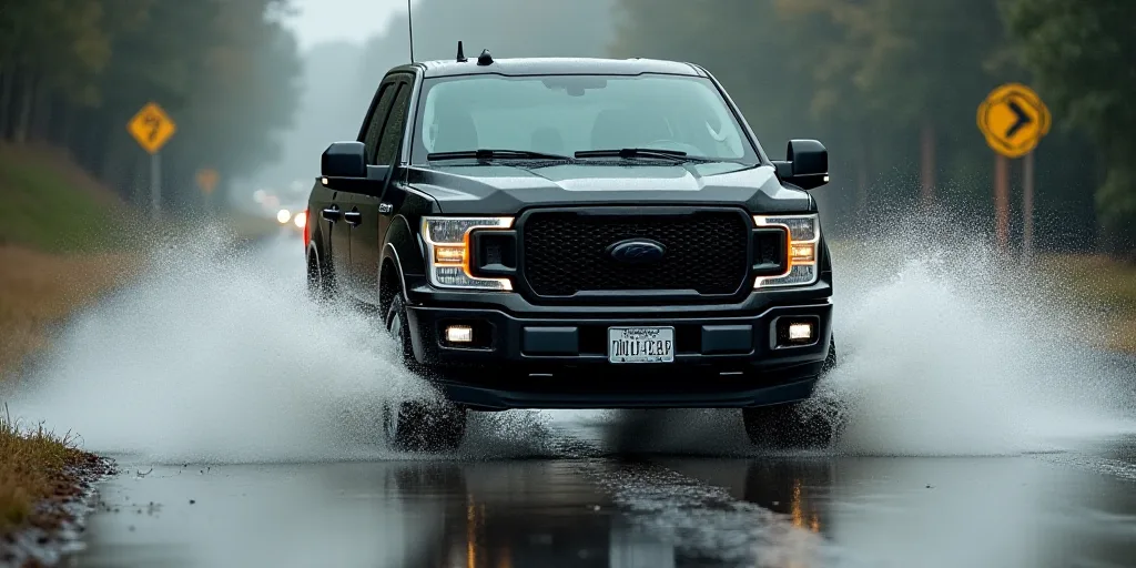 a black truck driving through a puddle of water on a road in the rain with a license plate on, Estua