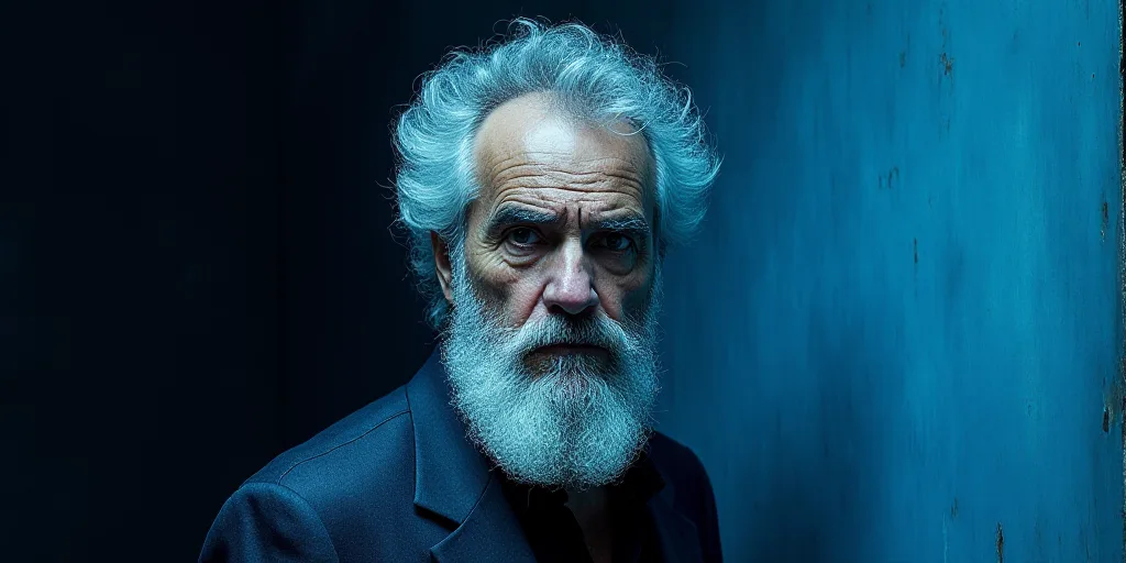a blue and black photo of a man with a white beard and a black and blue background with the words op