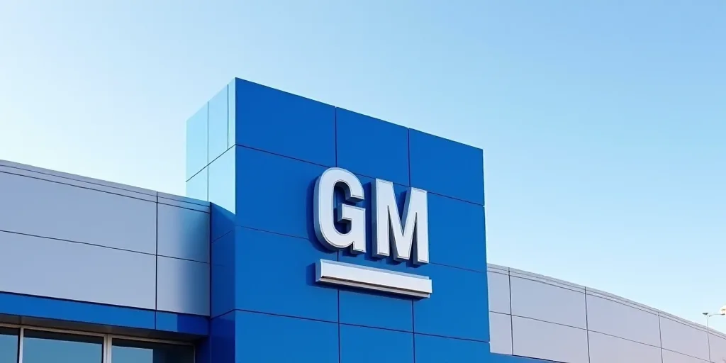 a blue and white building with the gm logo on it's side and a blue and white building with the gm lo