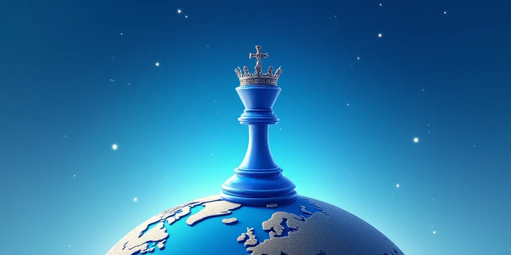 a blue and white chess piece on top of a globe with a blue background and stars in the sky, Enguerra