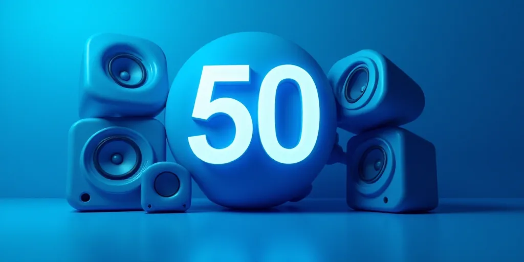 a blue background with a 50 sign and some speakers on it and a blue background with a blue backgroun