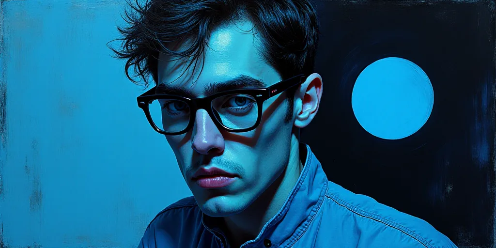 a blue book cover with a picture of a man in glasses and a black background with a blue circle, Agus