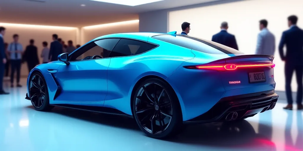 a blue car is parked in a showroom with people around it and a red light on the side of the car, Ai-