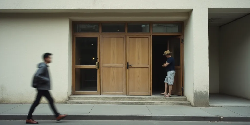 a blurry photo of a building with a person walking in front of it and a person walking out the front