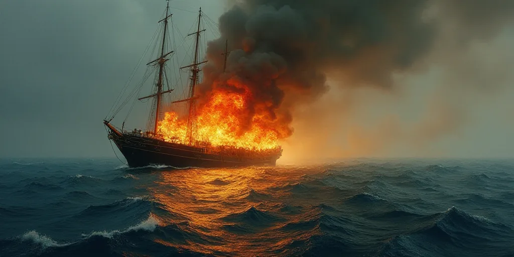a boat is on fire in the ocean near a boat that is on fire in the water and smoke is coming out of t