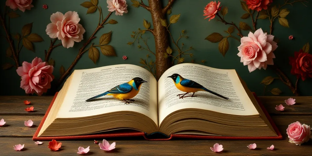 a book with a picture of two birds on it and a floral background with a tree and flowers in the midd