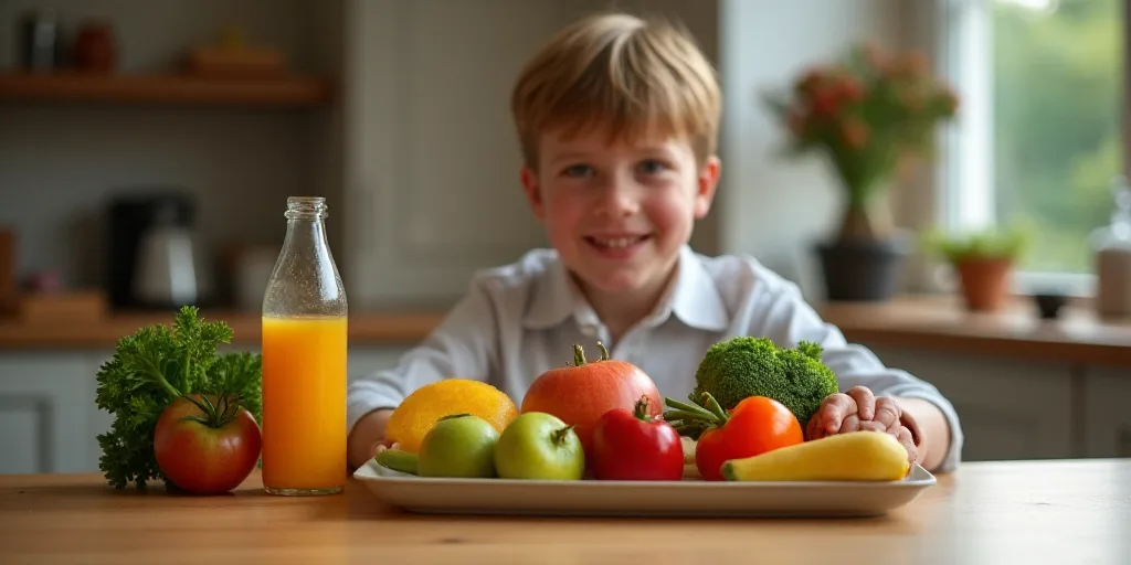 a boy sitting at a table with a tray of fruit and vegetables in it and a bottle of juice, Eden Box,