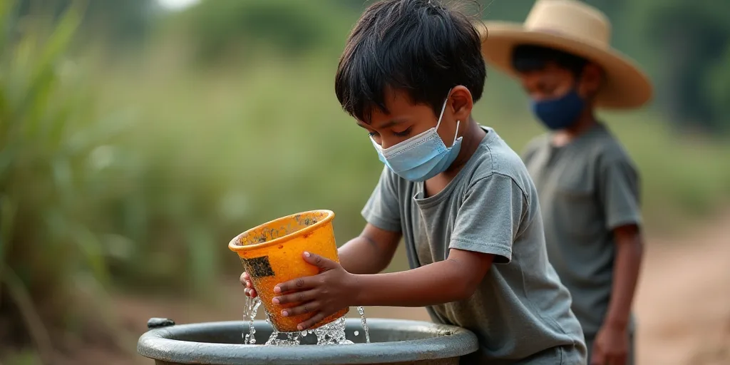 a boy wearing a mask and a bucket of water is washing his hands in a bucket while another boy in a h