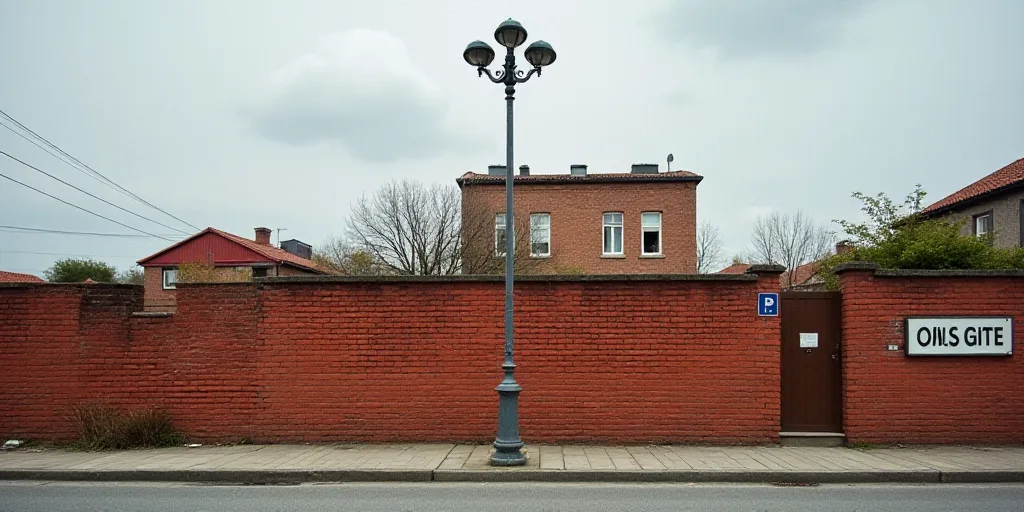 a brick wall with a light pole and street lights on it and a street sign on the side of the wall, Ce