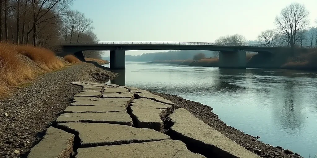 a bridge over a river with a cracked ground in front of it and a few trees in the background, Andrie